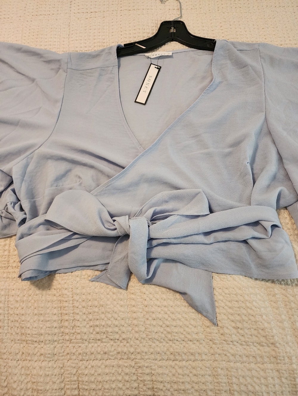 Soncy Powder Blue Wrap Tie Waist Blouse Flutter Sleeves 22/24 NWT Soft Girl